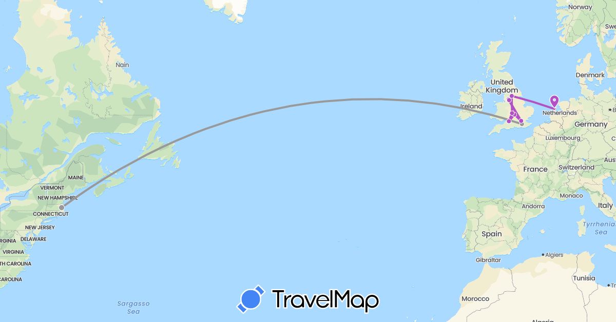 TravelMap itinerary: driving, plane, train in United Kingdom, Netherlands, United States (Europe, North America)